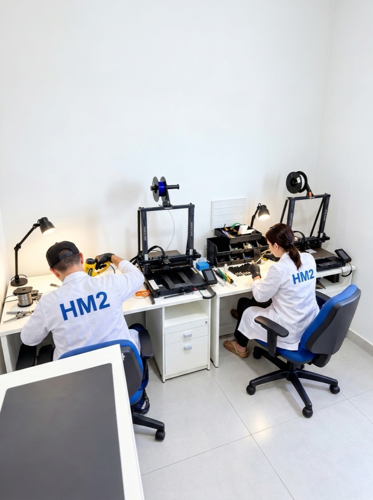 Equipe do HM2 de jaleco montando os sabres na bancada