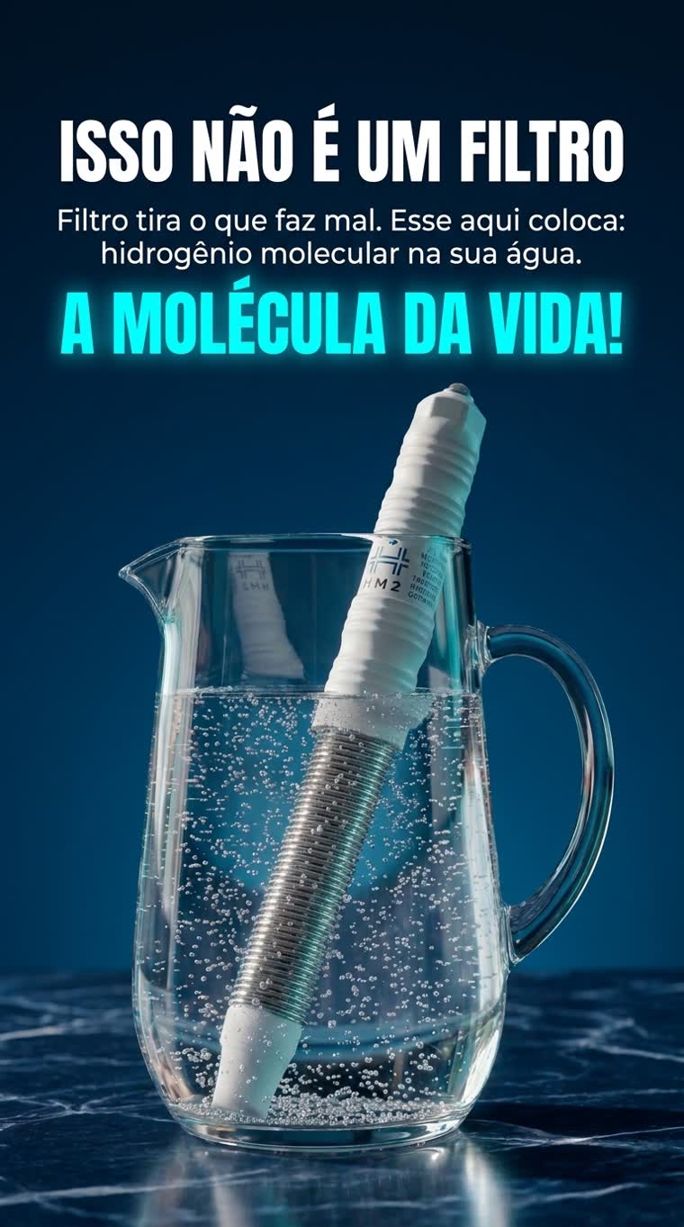 Sabre HM2 dentro de uma jarra de vidro com bolhas de hidrogênio, sob a chamada: isso não é um filtro — filtro tira o que faz mal, esse aqui coloca hidrogênio molecular na sua água