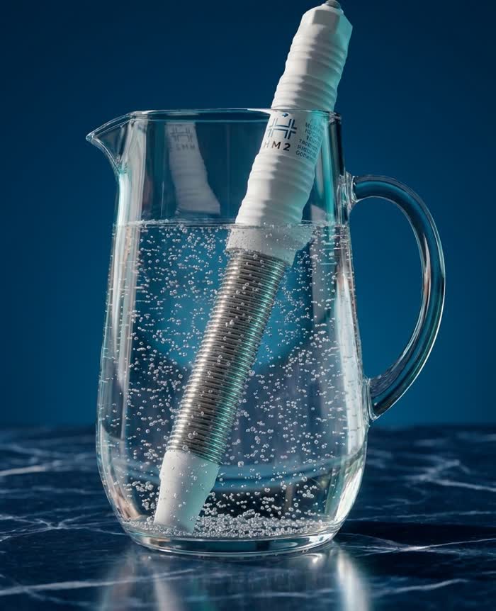 Sabre HM2 dentro de uma jarra de vidro, com bolhas de hidrogênio subindo pela água