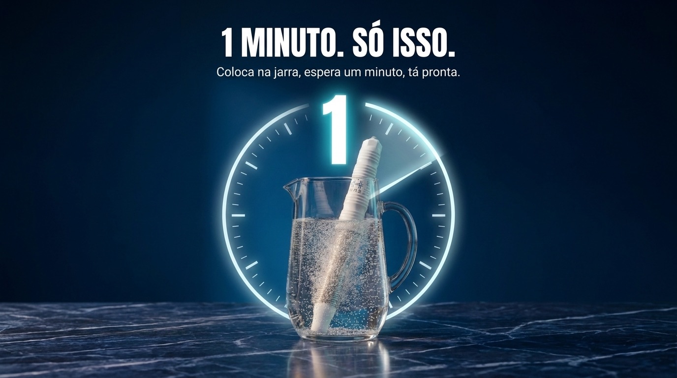 Jarra de vidro com o sabre HM2 dentro, bolhas subindo, e um relógio marcando 1 minuto — 1 minuto, só isso: coloca na jarra, espera um minuto, tá pronta