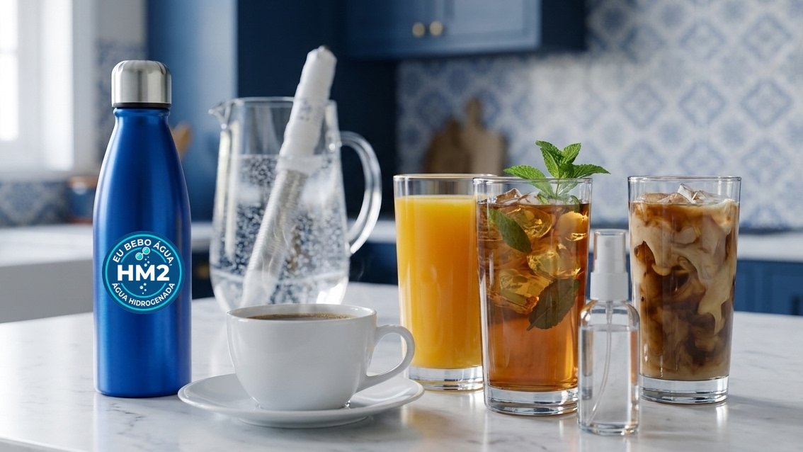 Bancada com a jarra do sabre HM2 ao fundo e, à frente, garrafa HM2, xícara de café, suco de laranja, chá gelado, borrifador e café gelado